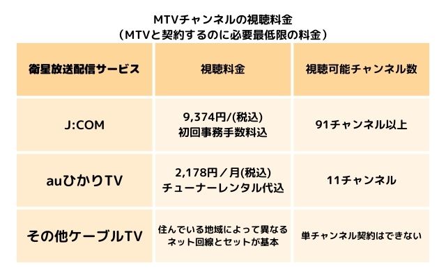 MTVチャンネルの視聴料金比較